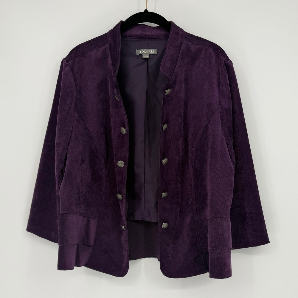 Roz & Ali Purple Corduroy Ruffle Hem Mock Neck Jacket XL Plum Silver Button